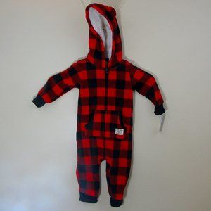 Carters long sleeved Buffalo Plaid boys hooded romper 9 months Red/Black NWT